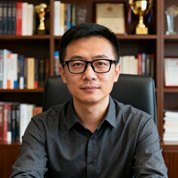 蜘蛛体育创始人陈岳的肖像照，35岁男性，戴着黑框眼镜，穿着深灰色衬衫，背景为办公室书架