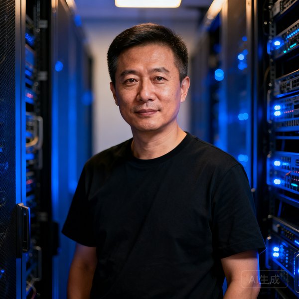 蜘蛛体育CTO林海东的肖像照，38岁男性，短发干练，穿着黑色T恤，背后是服务器机房的蓝色灯光